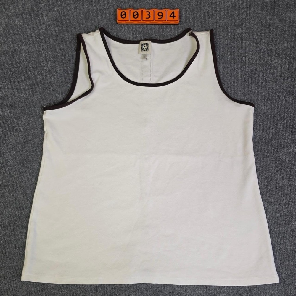 Anne Klein white tank top with brown trim and button detail on the back, size L